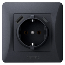 Розетка одинарна із заземленням з USB+USB-C чорний графіт VIDEX BINERA