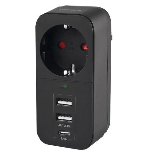 Мережевий адаптер з заземленням VIDEX ONCORD з/з 1п 2.4A 2USB+USB-C Black
